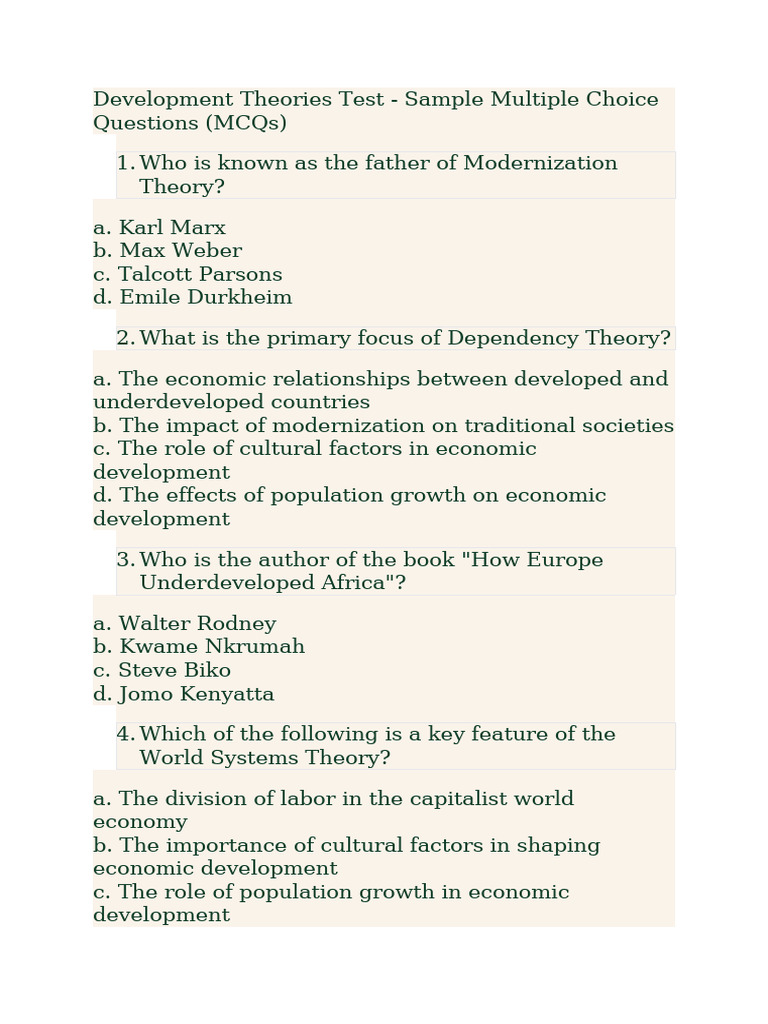 Development Theories Test | PDF | World Systems Theory | Modernization ...