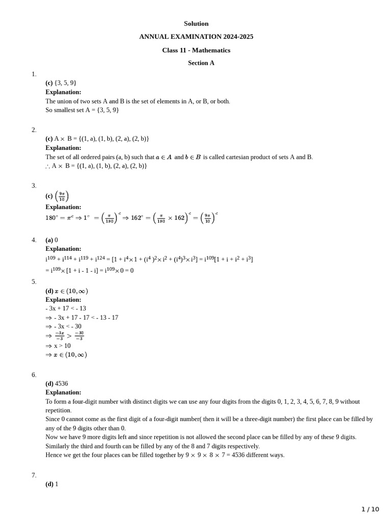Class 11 Mathematics Annual Exam Solutions | PDF | Elementary ...