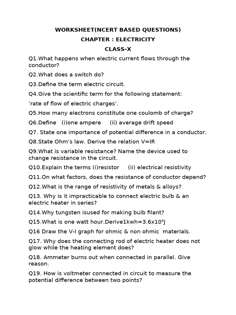 NCERT Worksheet on Electricity Concepts | PDF | Series And Parallel ...