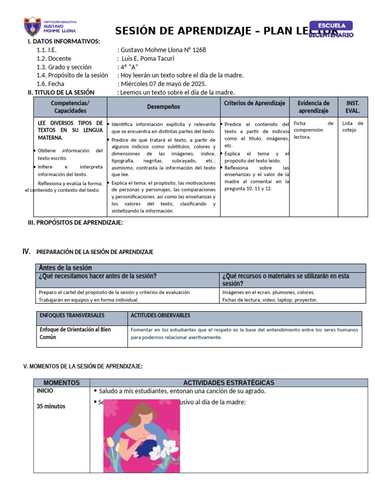 Miercoles 07 Mayo Plan Lector | PDF | Aprendizaje | Metodos de aprendizaje