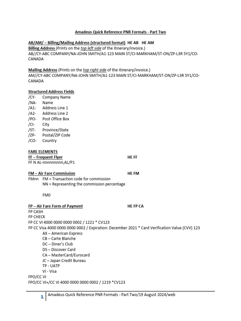 Amadeus PNR Format Quick Reference | PDF