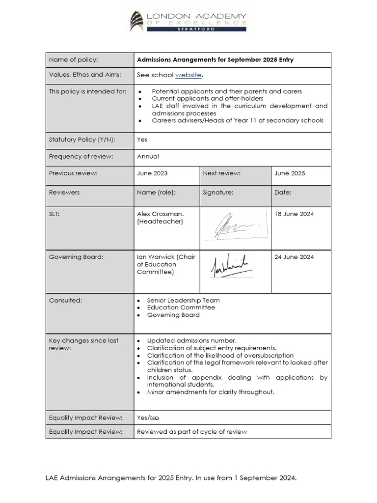 LAE Admissions Policy for 2025 Entry | PDF