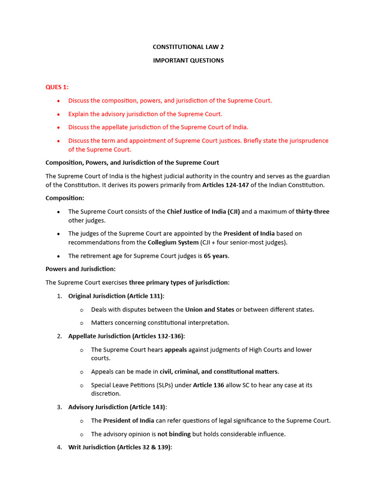 CONSTITUTIONAL LAW 2 Important Questions | PDF | Constitutional ...