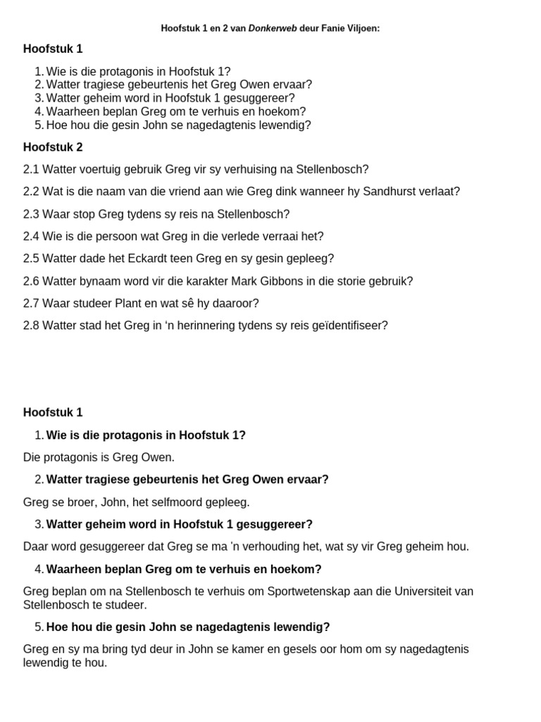 Donkerweb - Hoofstuk 1 en 2 Vrae en Antwoorde | PDF