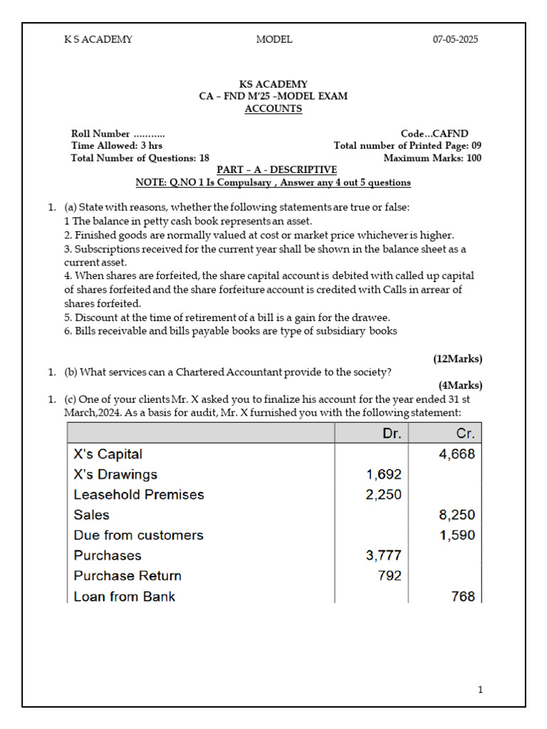 Ca-Fnd M'25 Model Exam - (Acc) - (07-05-2025) QP | PDF | Debits And ...