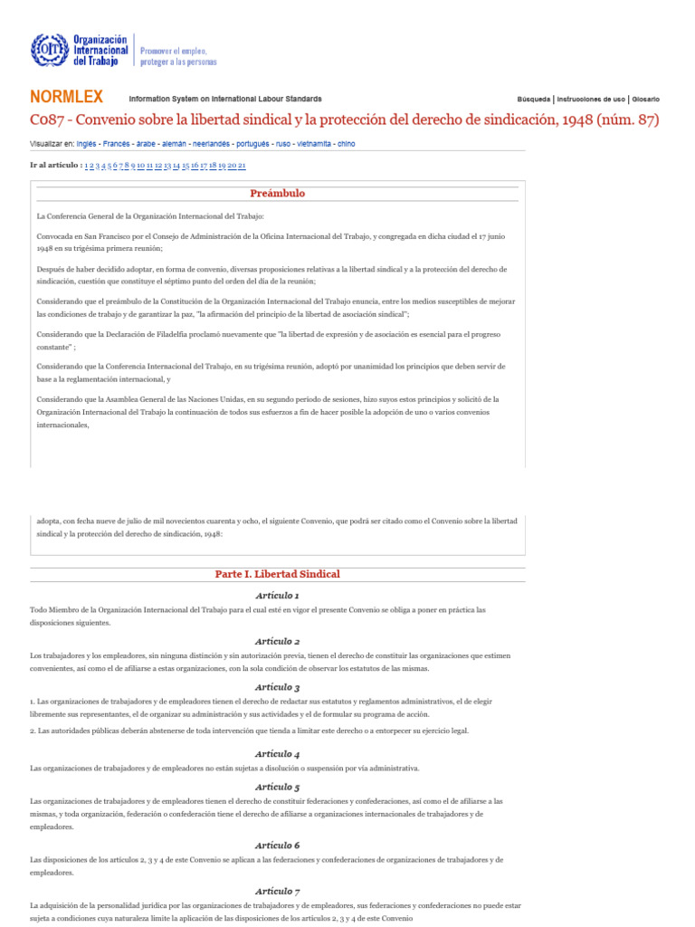 Convenio C087 - Convenio Sobre La Libertad Sindical y La Protección Del ...