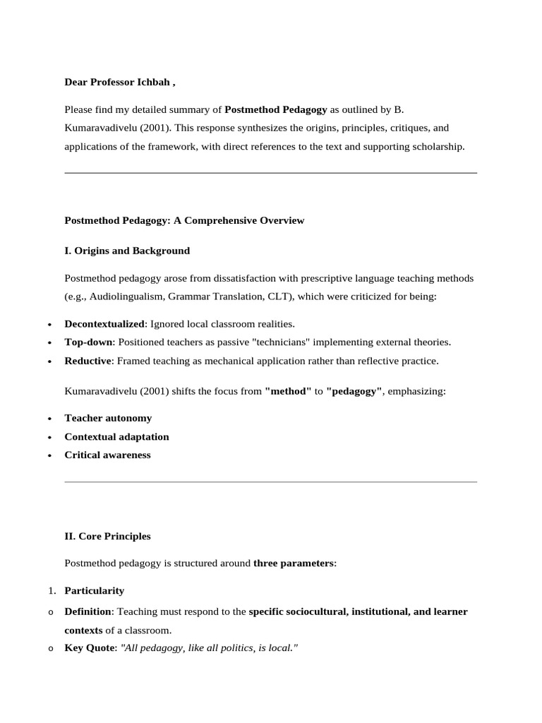 Overview of Postmethod Pedagogy | PDF | Pedagogy | Teachers