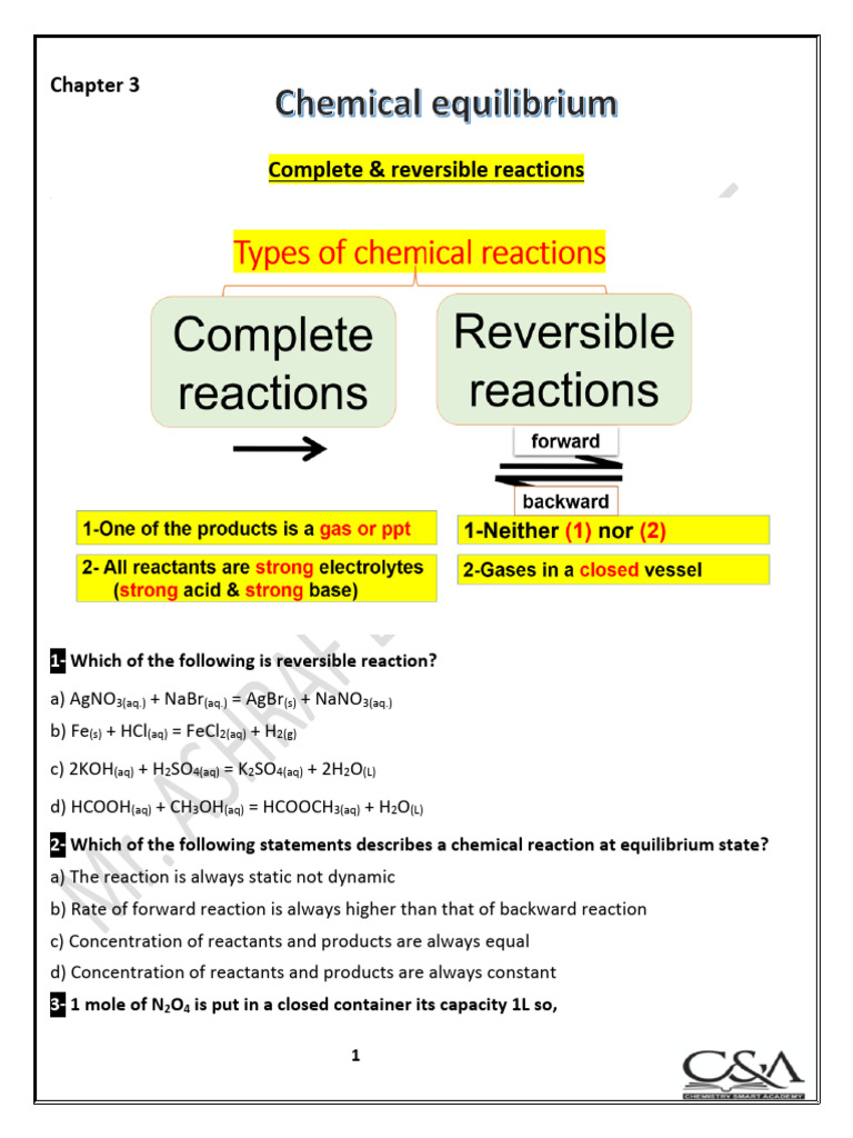 Reversible Reactions and Equilibrium Concepts | PDF | Chemical ...