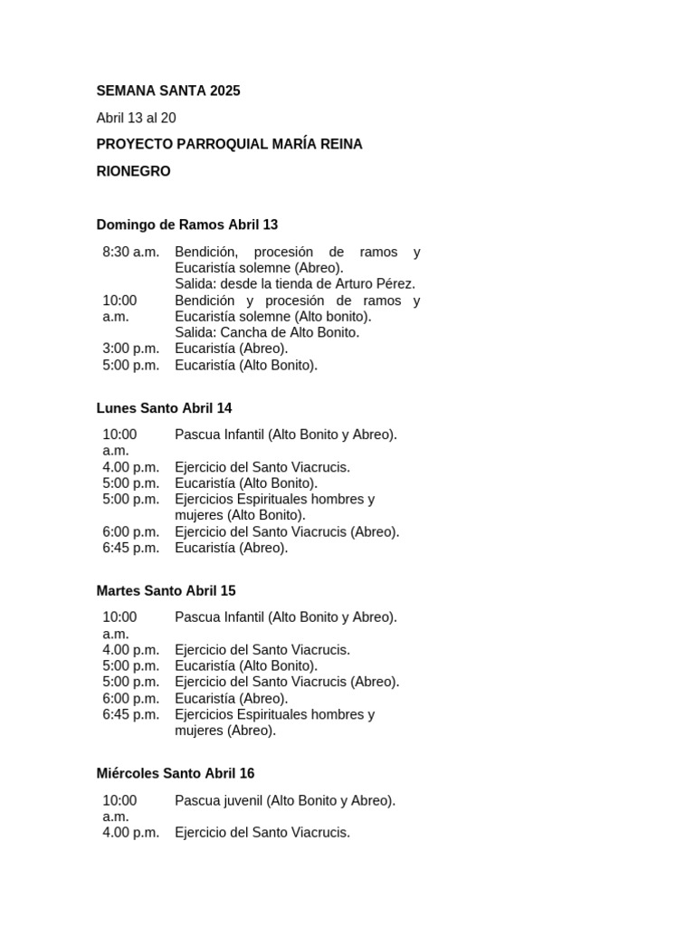 Actividades Semana Santa 2025 Rionegro | PDF | Pascua de Resurrección ...