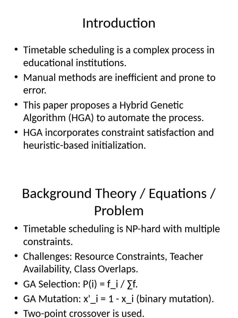 Hybrid Genetic Algorithm for Timetable Scheduling | PDF | Genetic ...