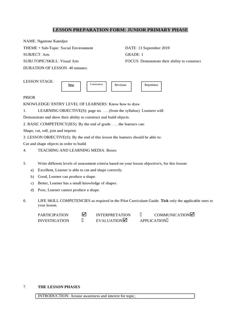 Junior Primary Visual Arts Lesson Plan | PDF | Learning | Teachers
