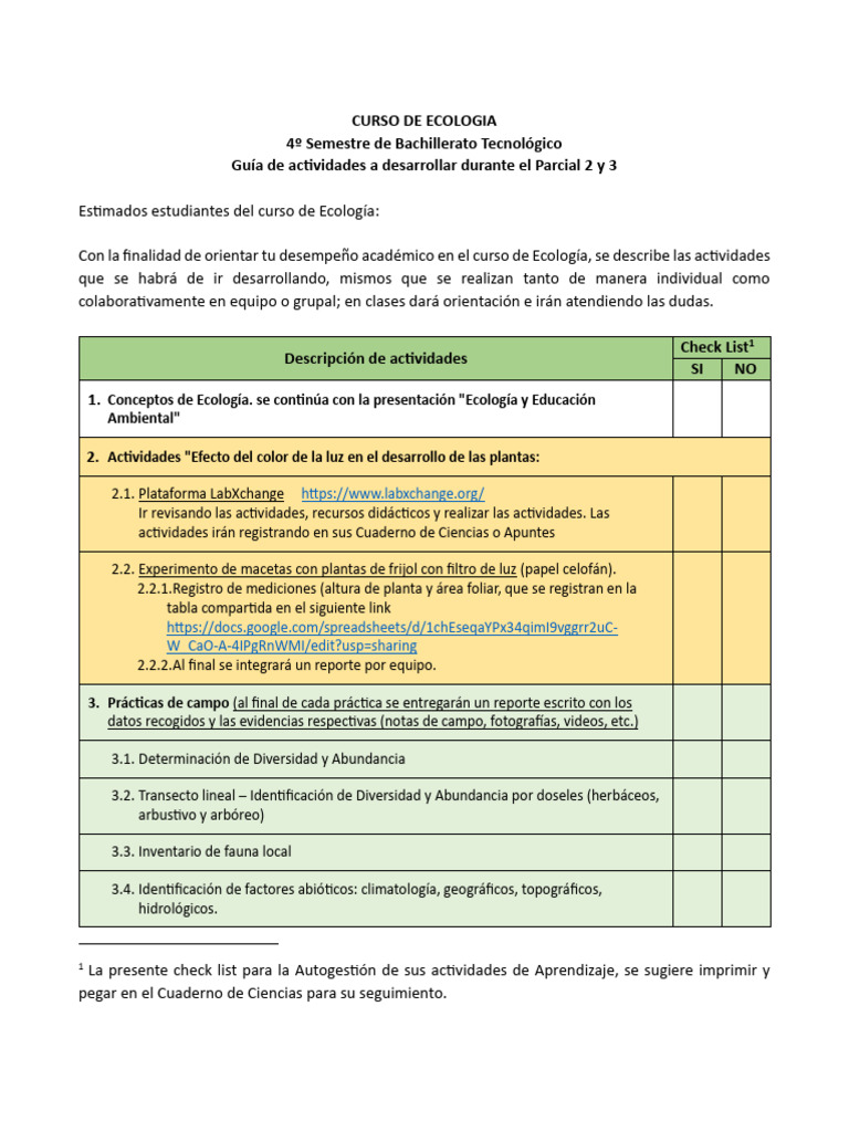 Actividades P2 y P3 - Ecología 2024 | PDF | Entorno natural | Ecología