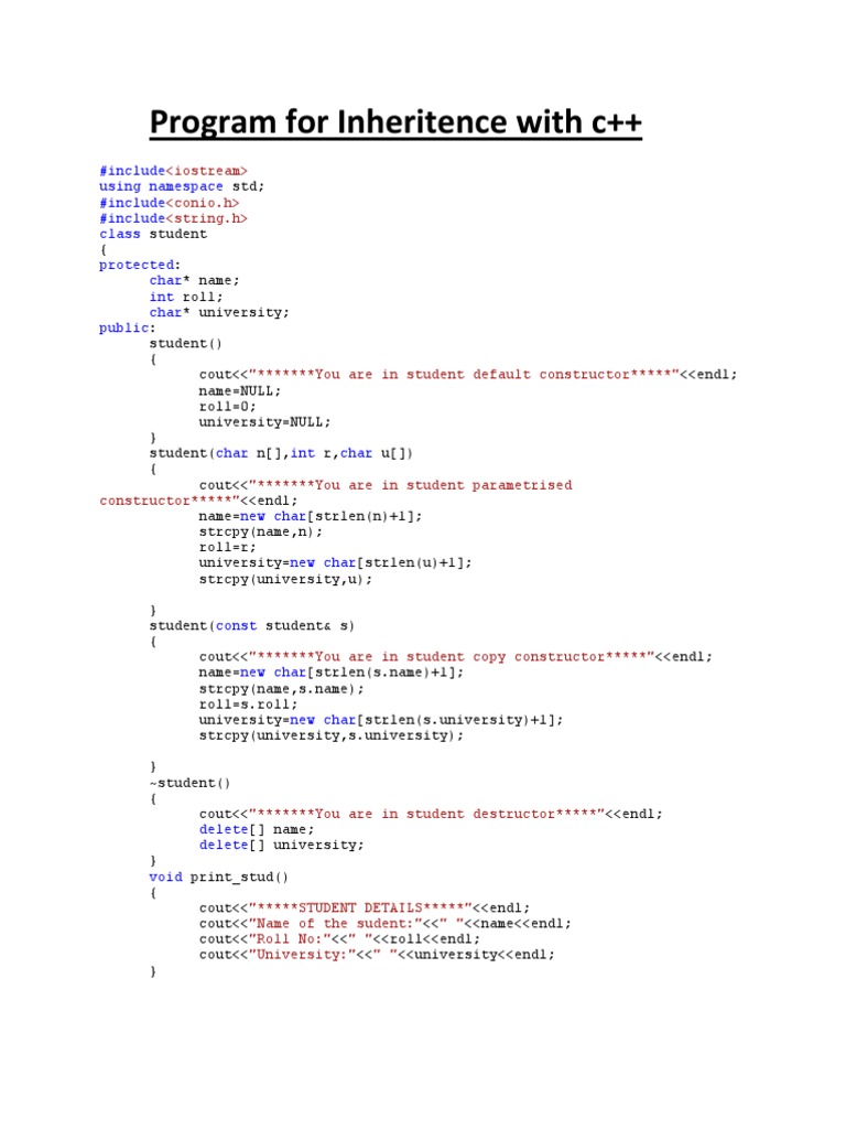 Program For Inheritence With C++: #Include Using Namespace #Include # ...