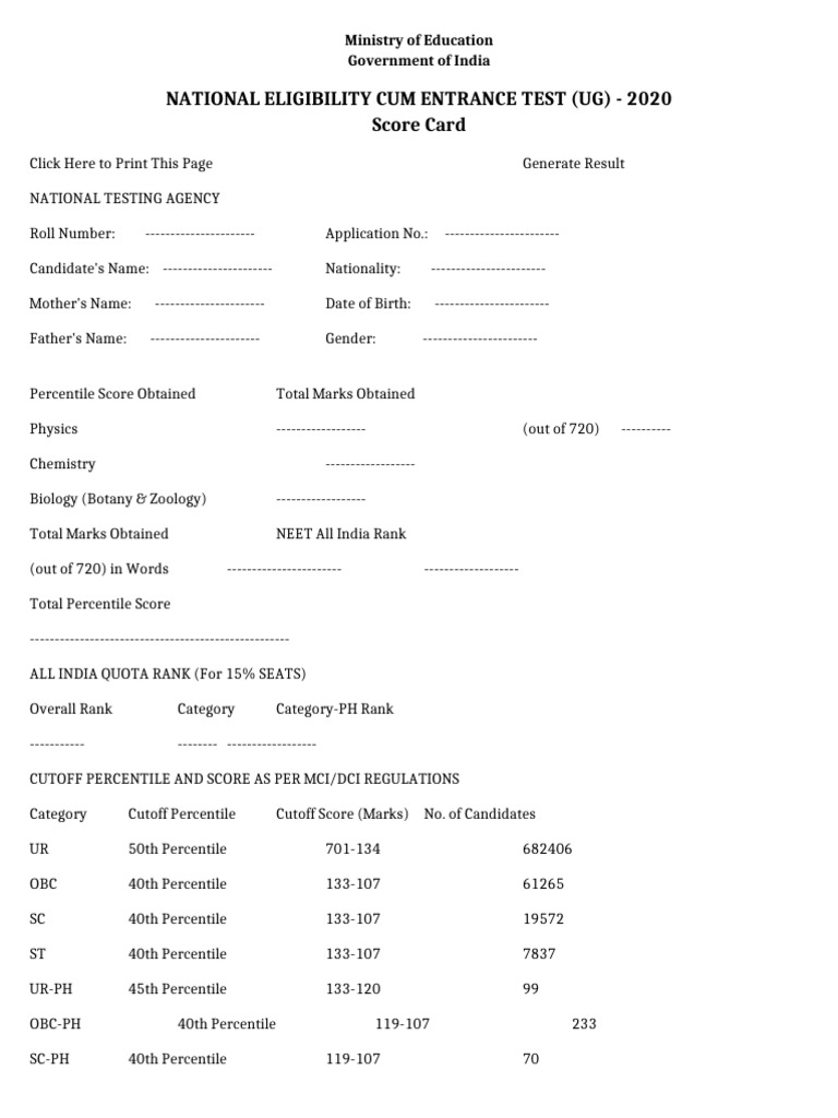NEET UG 2020 Score Card Format | PDF | Science Education | Medicine