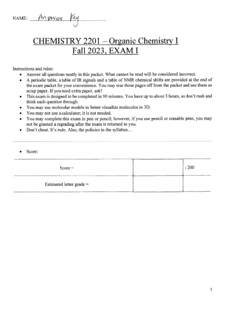 Organic Chemistry 1 - Temple-Serge-Exam+1+answer+key | PDF