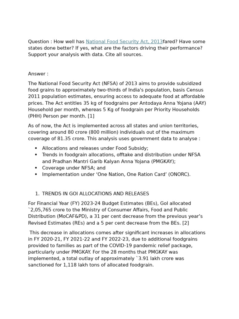 NFSA 2013: Impact and State Performance | PDF | Hunger | Poverty
