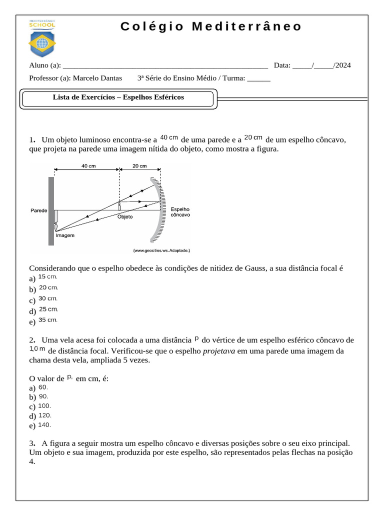 Lista de Exercícios sobre Espelhos Esféricos | PDF | Espelho | Radiação ...