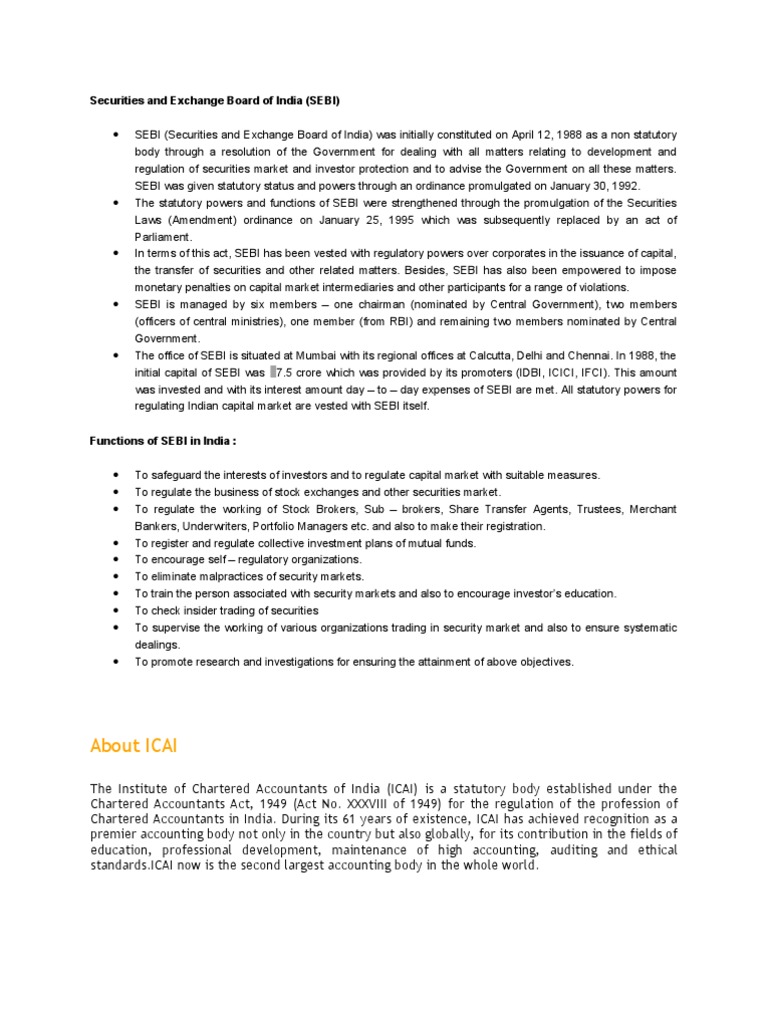 Overview of SEBI and ICAI Functions | PDF | Accounting | Securities ...
