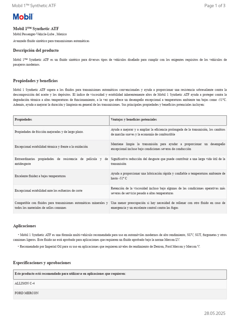 Mobil 1™ Synthetic ATF: Fluido Avanzado | PDF | Exxon Mobil | Lubricante