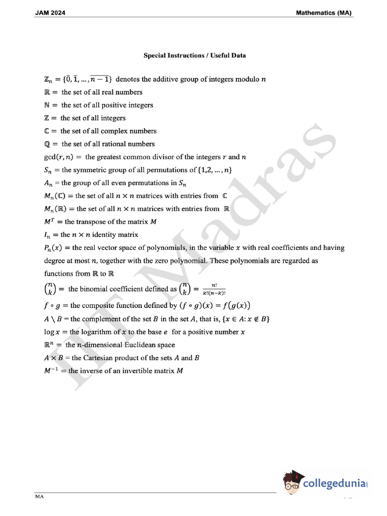 IIT JAM 2024 Mathematics Question Paper | PDF