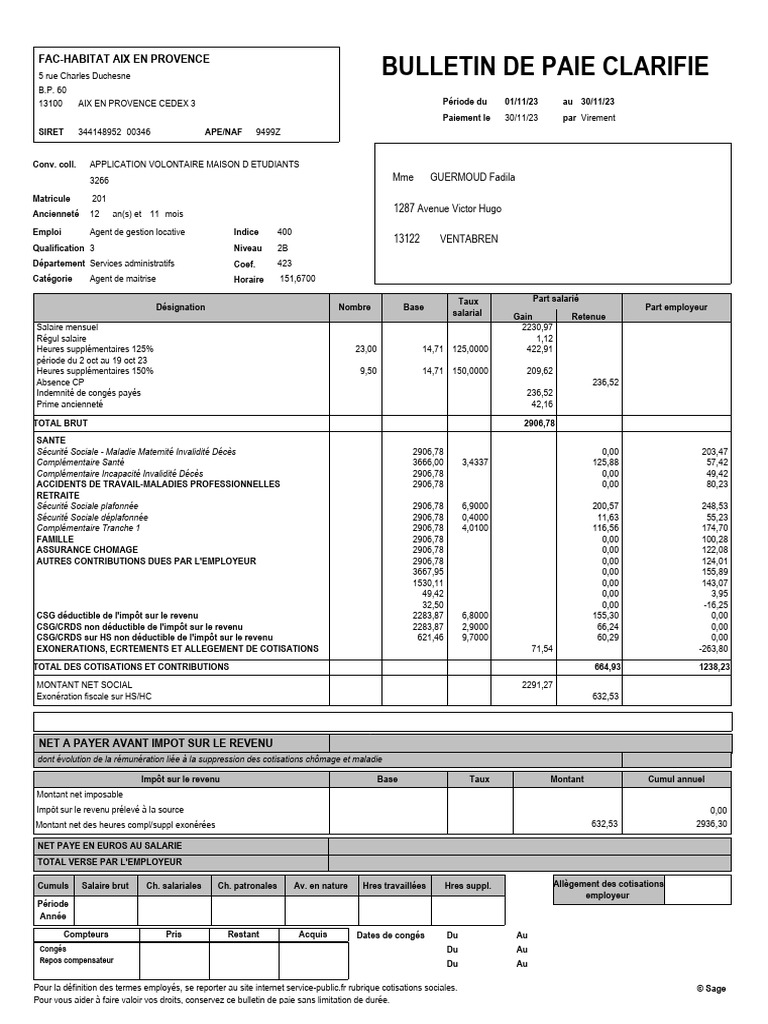 Bulletin de paie novembre 2023 | PDF | Impôt sur le revenu | Bulletin ...