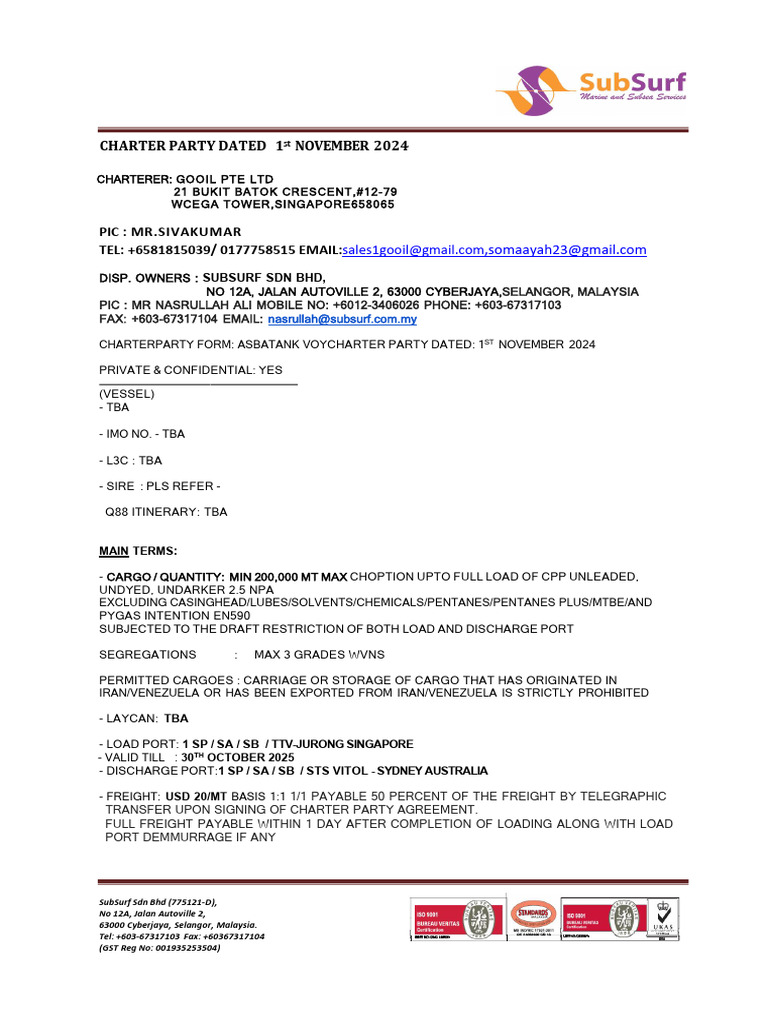 Cpa Subsurf - Gooil Pte LTD - 1st Nov-30th Oct 2025 | PDF | Shipping