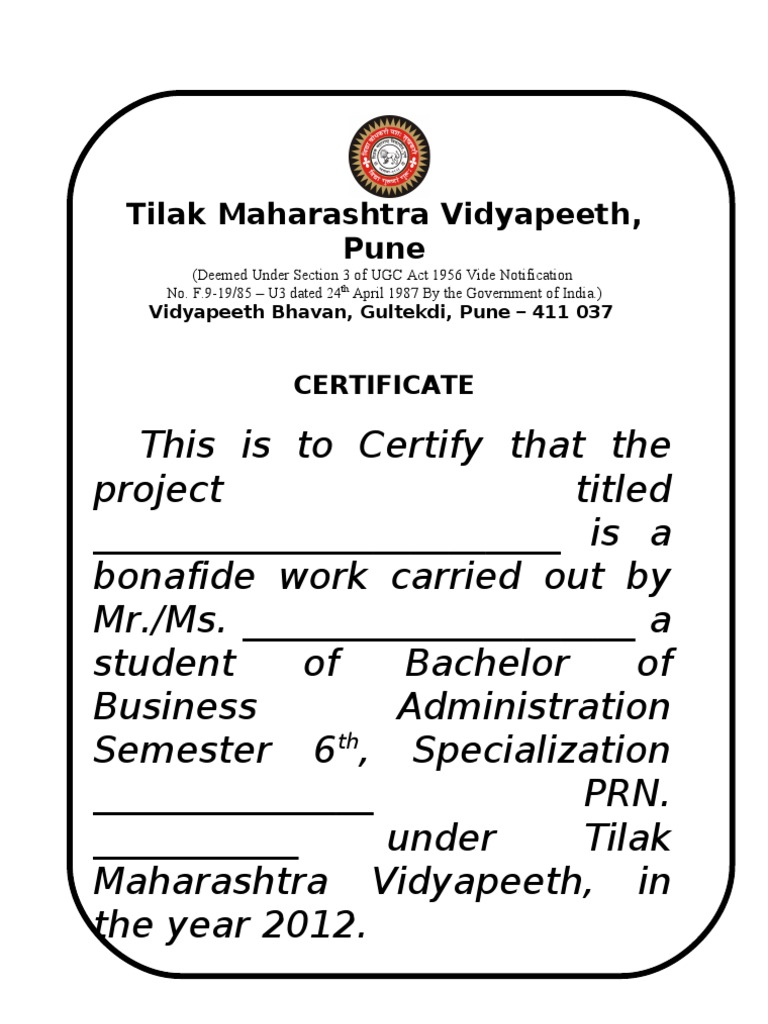 BBA Project Certificate - Tilak Vidyapeeth | PDF | Academic Degree | Titles