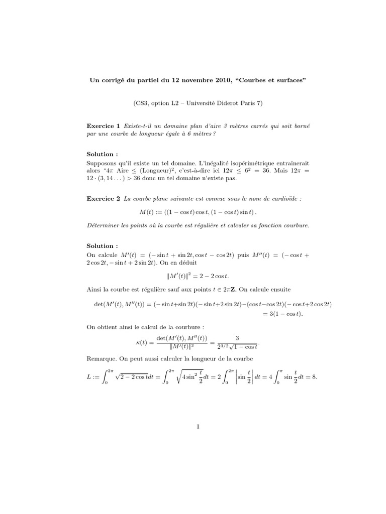 Corrigé partiel : courbes et surfaces | PDF | Courbe | Mathématiques