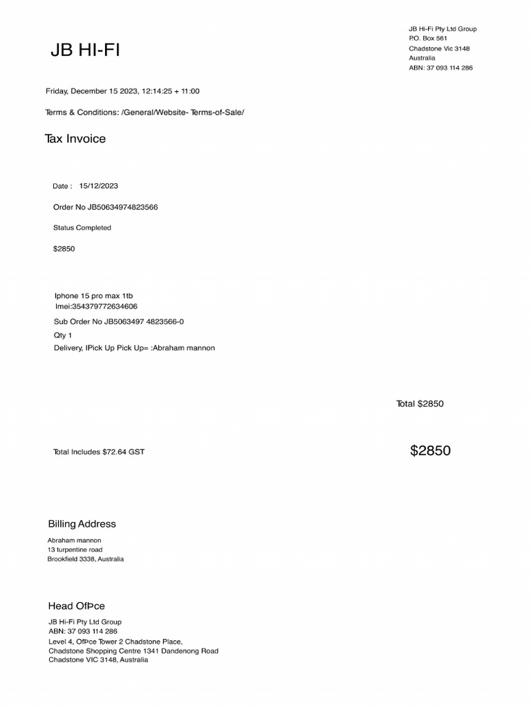 JB Hi-Fi Tax Invoice for iPhone 15 Pro Max | PDF
