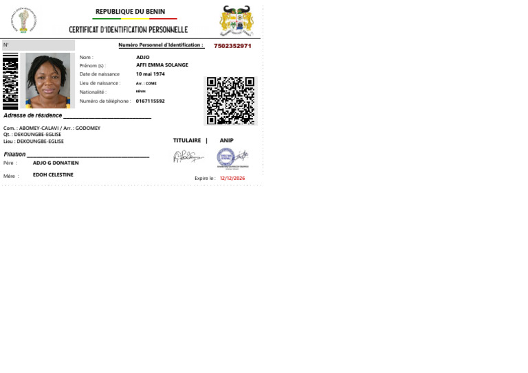 Carte d'identité d'ADJO AFFI EMMA | PDF