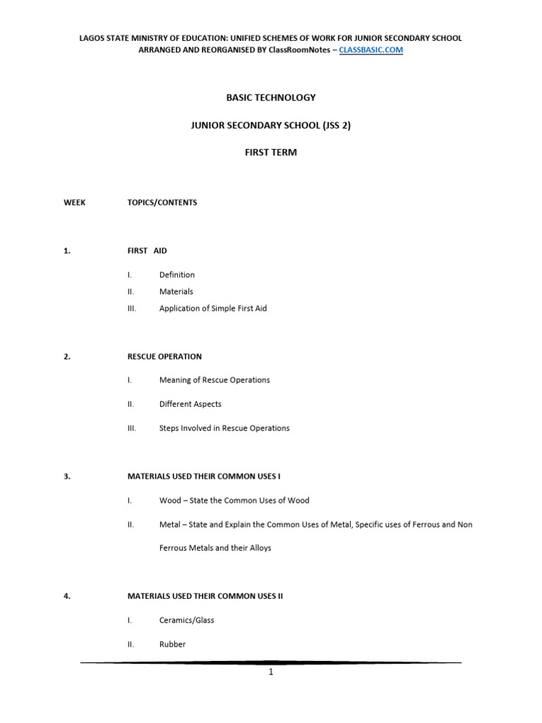 Basic Technology Scheme of Work For Junior Secondary School JSS 2 | PDF ...
