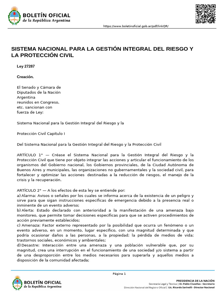 Ley 27287 Sist Nac para Gestion Integral Del Riesgo y La Proteccion ...