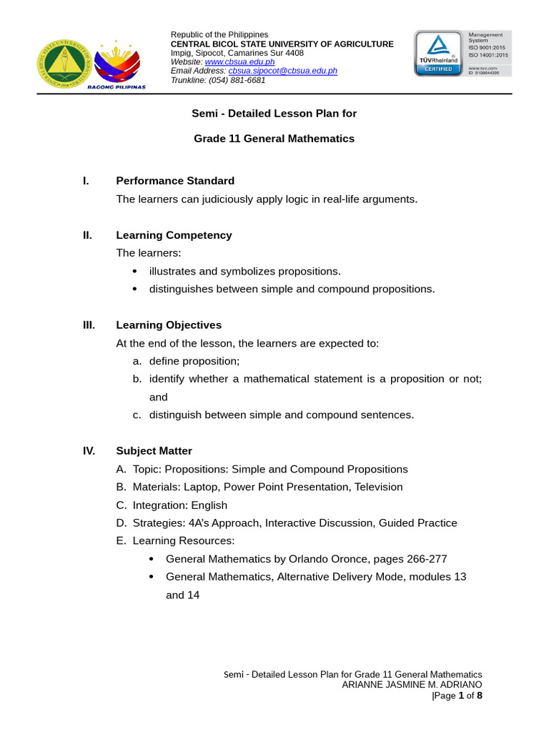 Grade 11 Math Lesson on Propositions | PDF | Numbers | Proposition