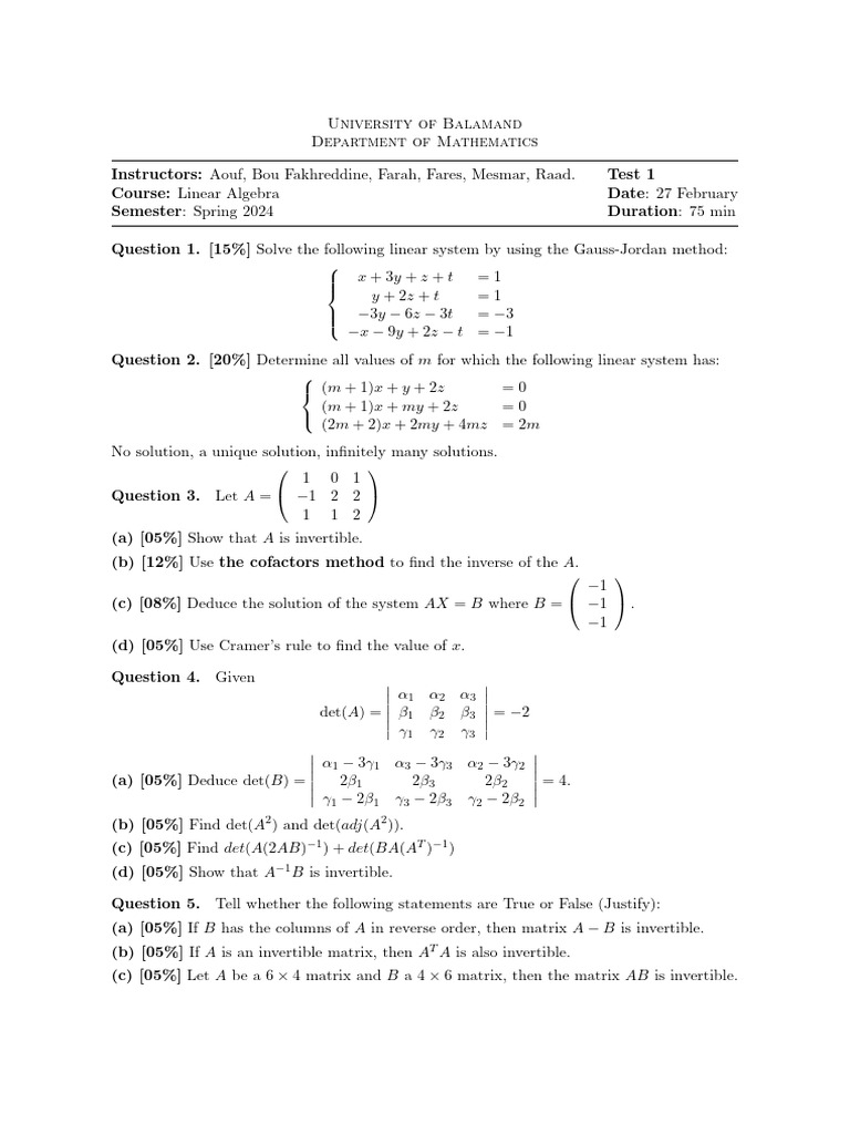 Linear Algebra Test 1 - Spring 2024 | PDF | Matrix (Mathematics ...