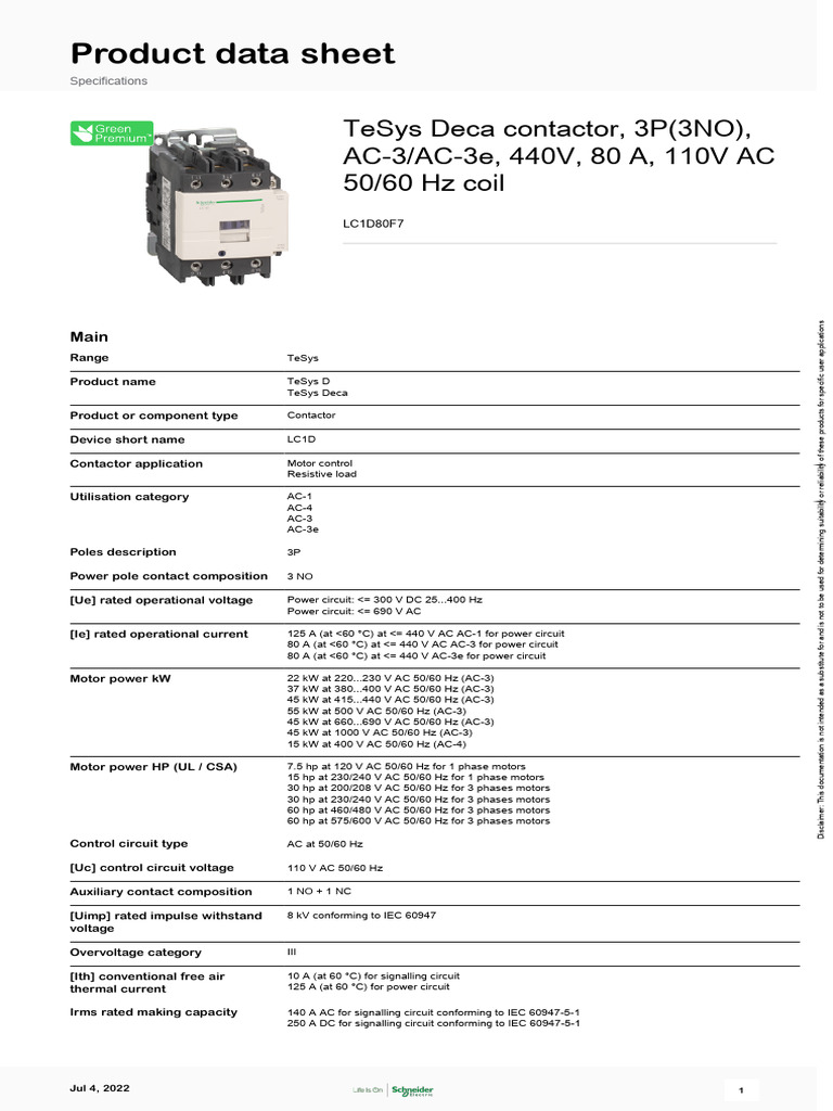 MN 40174088 Contactors - LC1D80F7 | PDF | Electrical Engineering ...