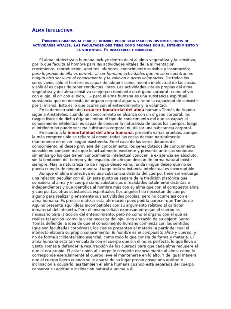 Alma Intelectiva y sus Funciones | PDF | Alma | Tomás de Aquino
