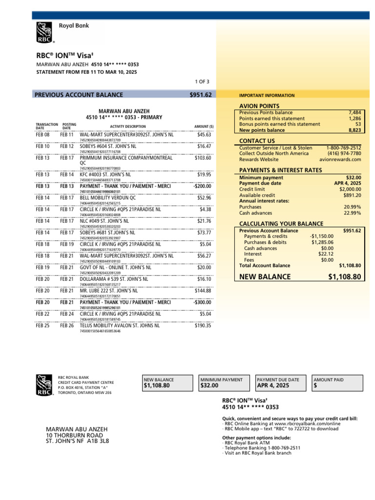 Marwan Abu Anzeh Visa Statement Summary | PDF | Credit Card | Payments