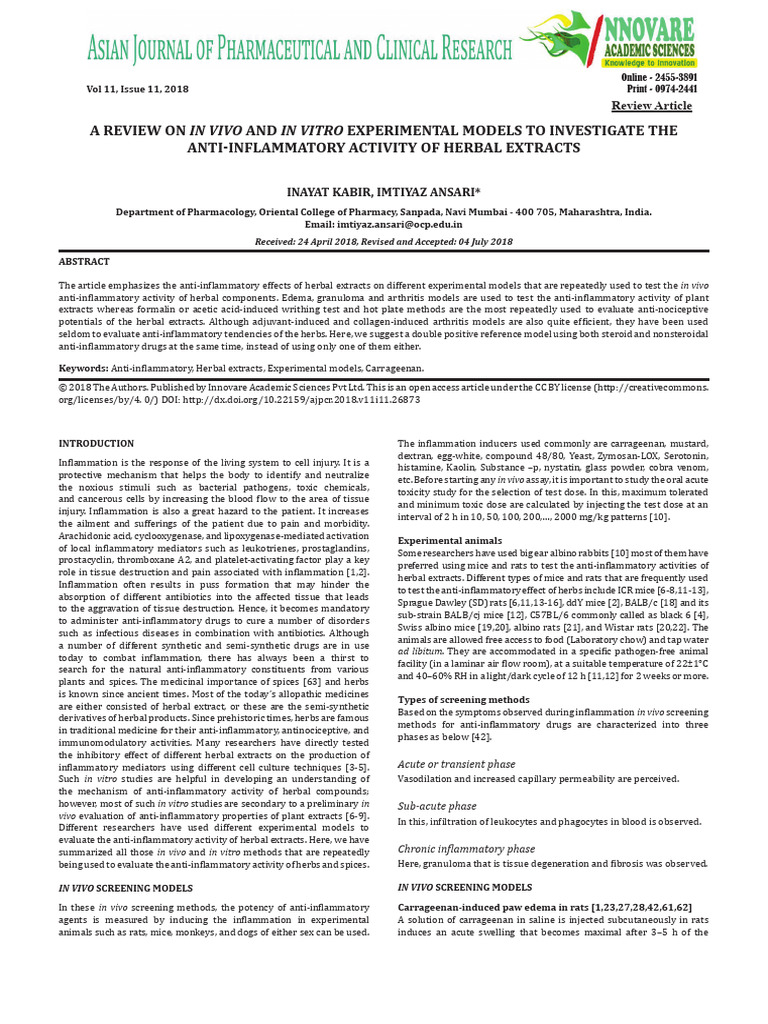 A Review On in Vivo and in Vitro Experim | PDF | Inflammation | In Vitro