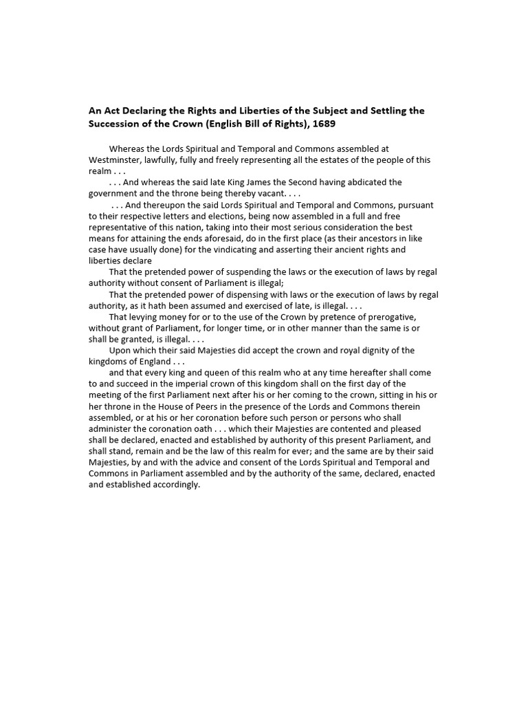 English Bill of Rights, 1689 | PDF