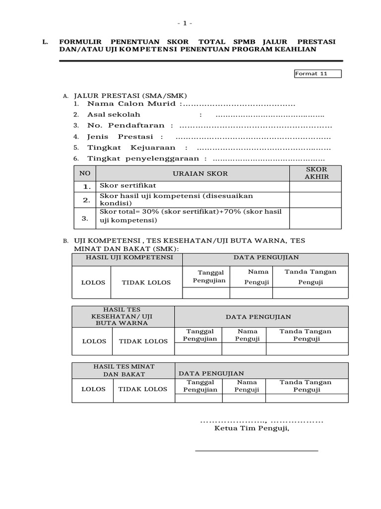 Formulir Penentuan Skor Total SPMB Jalur Prestasi Dan Atau Uji