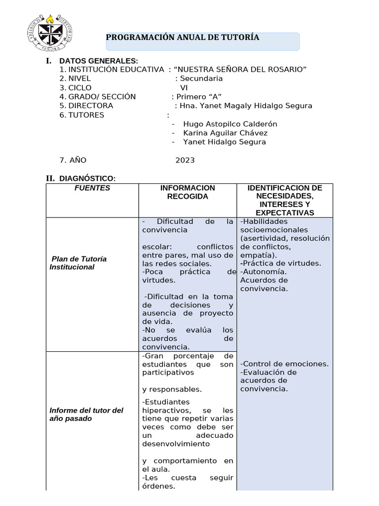 Plan Anual de Tutoría Secundaria 2023 | PDF | Las emociones | Salón de ...