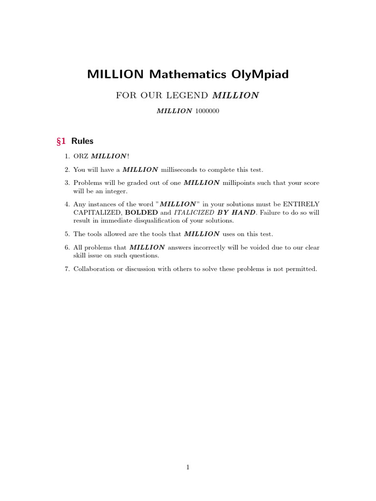 Million Mathematics Olympiad D1 | PDF | Mathematics