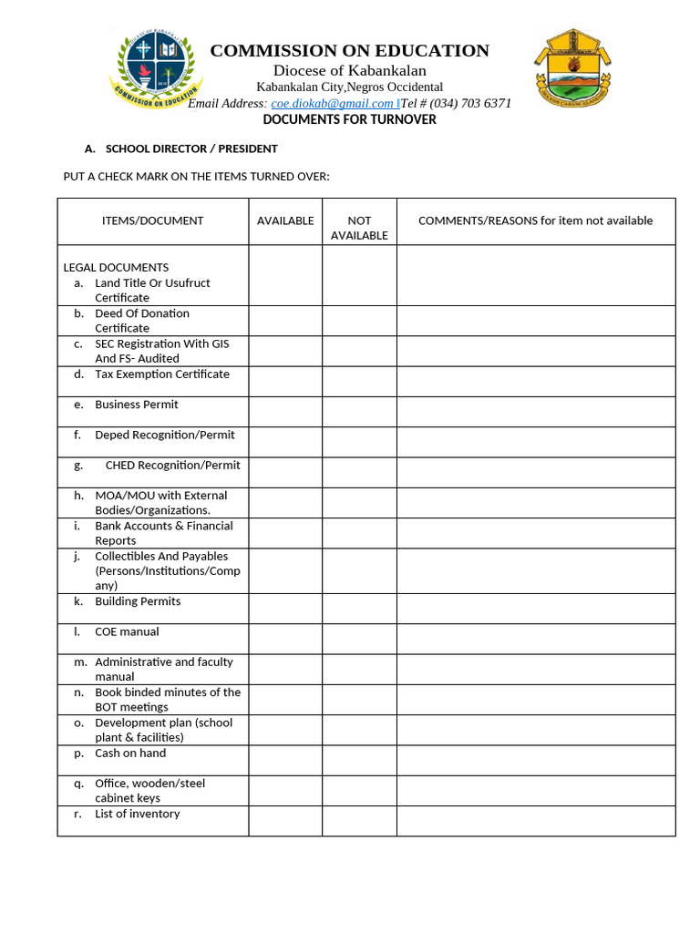 School Document Turnover Checklist | PDF