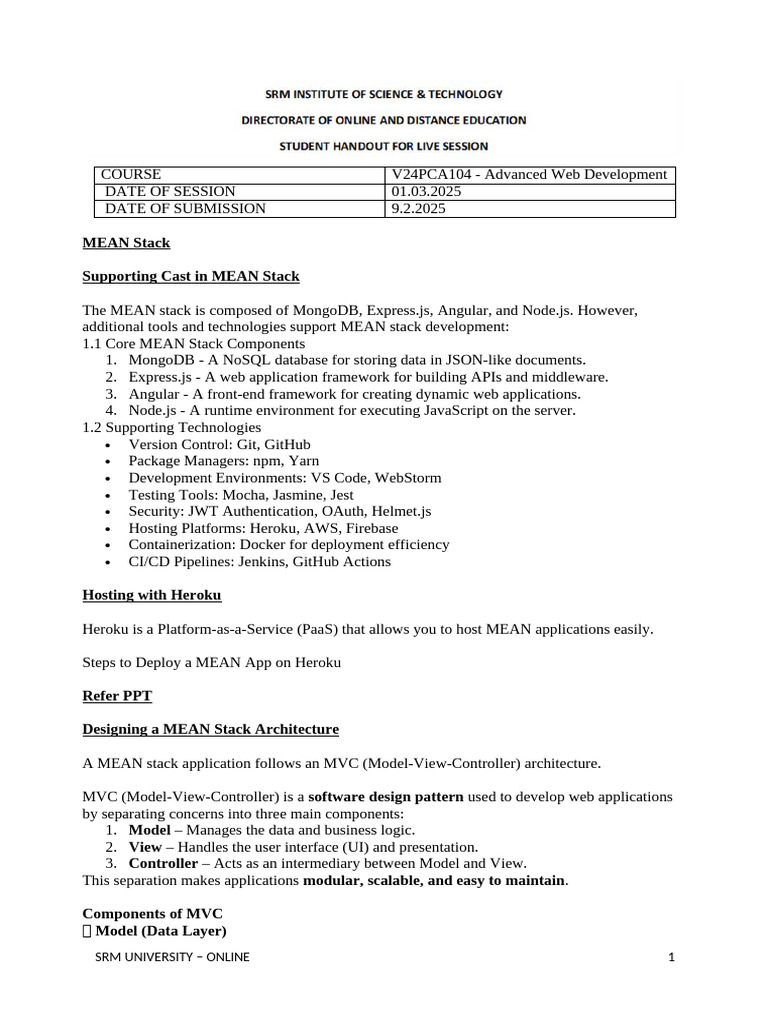 01.03.2025 Handout - V24PCA104 - Advanced Web Development | PDF | Model ...
