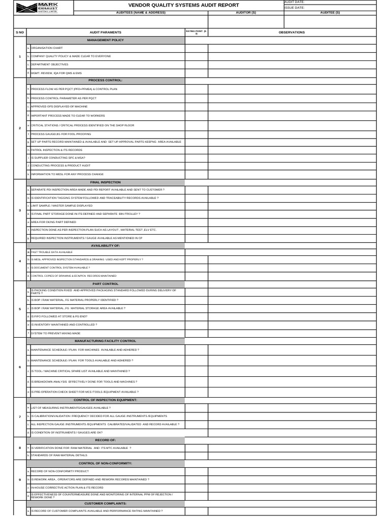 Vendor Quality Systems Audit Report | PDF | Audit | Auditor's Report