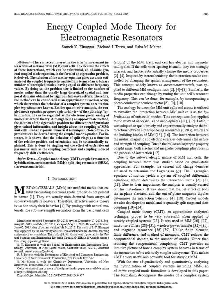 Energy Coupled Mode Theory For Electromagnetic Resonators | PDF ...