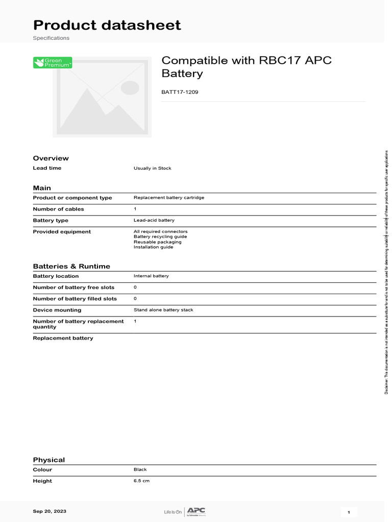 RBC17 APC Replacement Battery BATT17-1209 | PDF | Manufactured Goods
