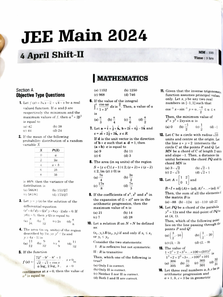 JEE Main 2024 Mathematics Shift-II Questions | PDF | Function ...
