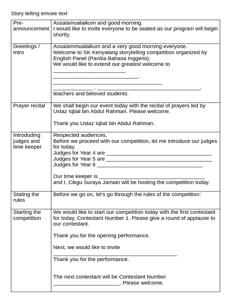 Emcee Script for Storytelling Competition | PDF