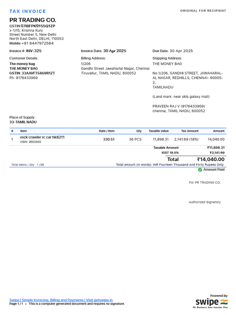 Tax Invoice for PR Trading Co. | PDF | Currency | Taxes